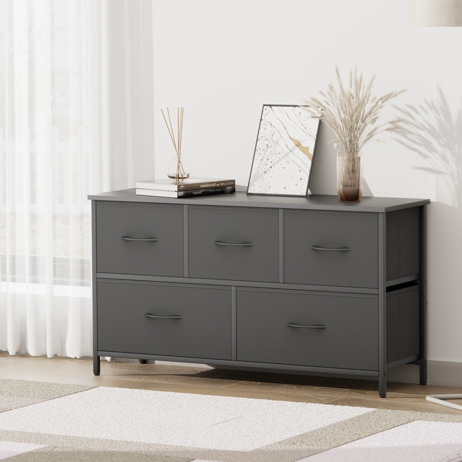 22" Height Dresser - 5 Fabric Drawer- Metal Frame - MDF Top