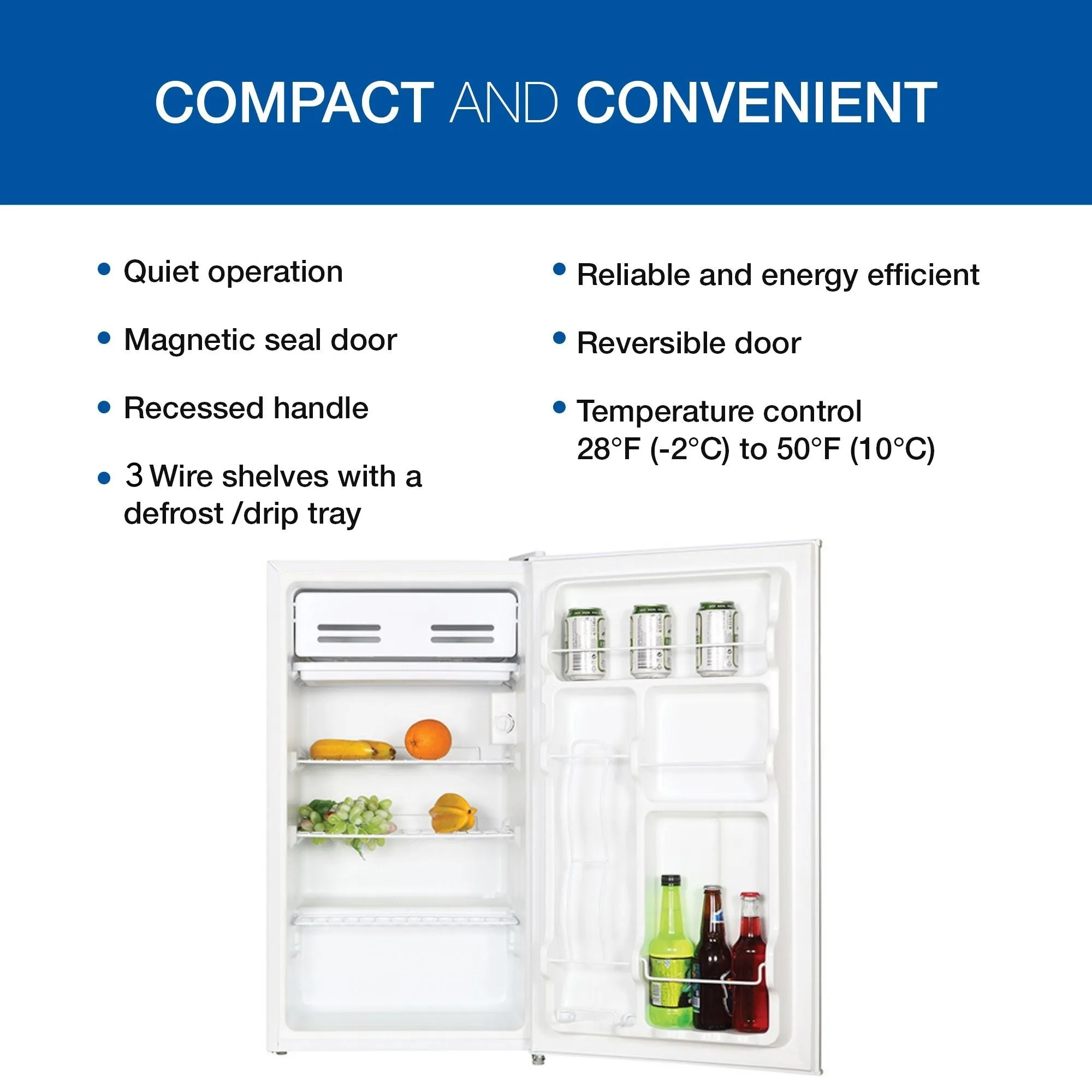 Koolatron Compact Fridge w/ Freezer, 3.2 cu ft (91L), White, Space-Saving Flat Back Design, Reversible Door, Full-Width Freezer, Snacks, Beverages, Beer, Den, Dorm, Office, Rec Room, Home Bar