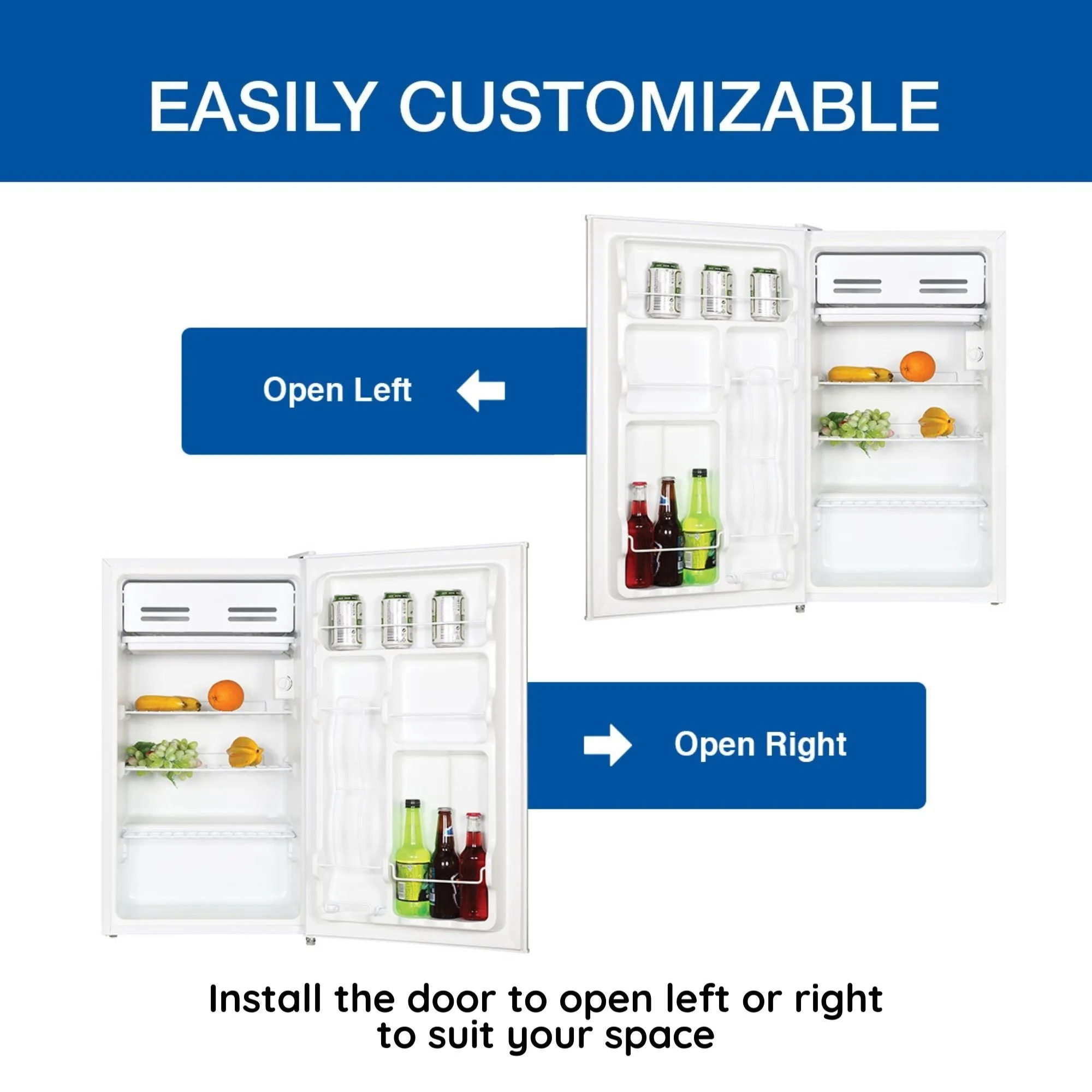 Koolatron Compact Fridge w/ Freezer, 3.2 cu ft (91L), White, Space-Saving Flat Back Design, Reversible Door, Full-Width Freezer, Snacks, Beverages, Beer, Den, Dorm, Office, Rec Room, Home Bar