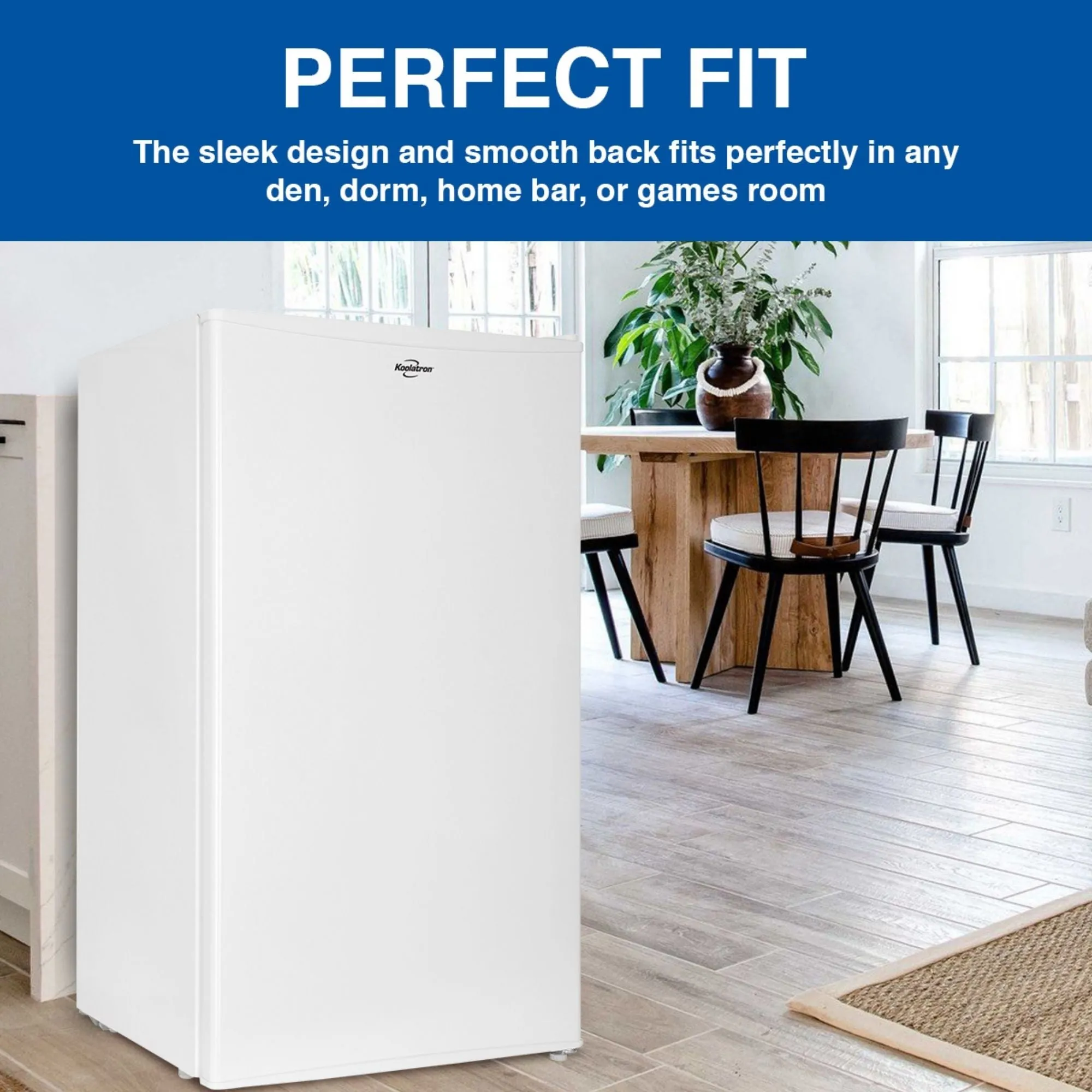 Koolatron Compact Fridge w/ Freezer, 3.2 cu ft (91L), White, Space-Saving Flat Back Design, Reversible Door, Full-Width Freezer, Snacks, Beverages, Beer, Den, Dorm, Office, Rec Room, Home Bar
