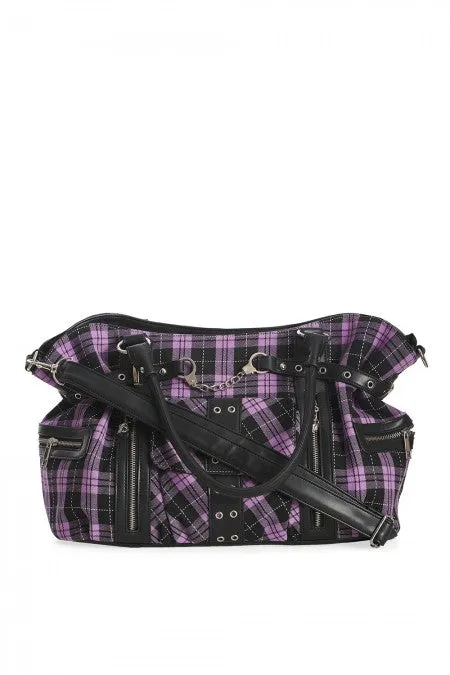 Lost Queen Purple Tartan Plaid Rockabilly Purse with Handcuff Skull Charm