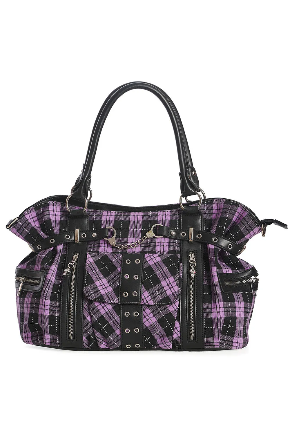 Lost Queen Purple Tartan Plaid Rockabilly Purse with Handcuff Skull Charm