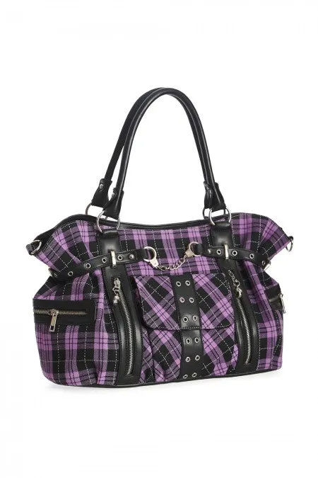 Lost Queen Purple Tartan Plaid Rockabilly Purse with Handcuff Skull Charm